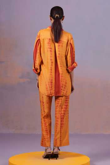 Ananya Agrawal Label_Red Silk, Chanderi Collared Neck Narangi Shibori Dyed Shirt And Pant Co-ord Set _Online_at_Aza_Fashions