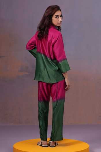 Shop_Ananya Agrawal Label_Multicolor Silk, Chanderi Collared Neck Rangeen Hand Dyed Shirt _at_Aza_Fashions