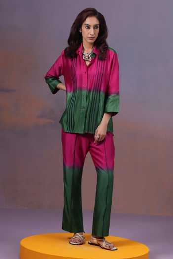 Ananya Agrawal Label_Multicolor Silk, Chanderi Collared Neck Rangeen Hand Dyed Shirt _Online_at_Aza_Fashions