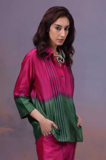 Buy_Ananya Agrawal Label_Multicolor Silk, Chanderi Collared Neck Rangeen Hand Dyed Shirt _Online_at_Aza_Fashions