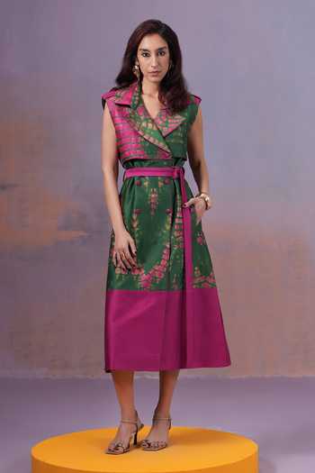Buy_Ananya Agrawal Label_Pink Chanderi Silk V-neck Rangrezi Cut Sleeves Shibori Trench Dress _at_Aza_Fashions