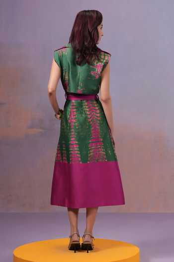 Shop_Ananya Agrawal Label_Pink Chanderi Silk V-neck Rangrezi Cut Sleeves Shibori Trench Dress _at_Aza_Fashions