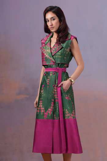 Ananya Agrawal Label_Pink Chanderi Silk V-neck Rangrezi Cut Sleeves Shibori Trench Dress _Online_at_Aza_Fashions