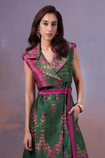 Buy_Ananya Agrawal Label_Pink Chanderi Silk V-neck Rangrezi Cut Sleeves Shibori Trench Dress _Online_at_Aza_Fashions