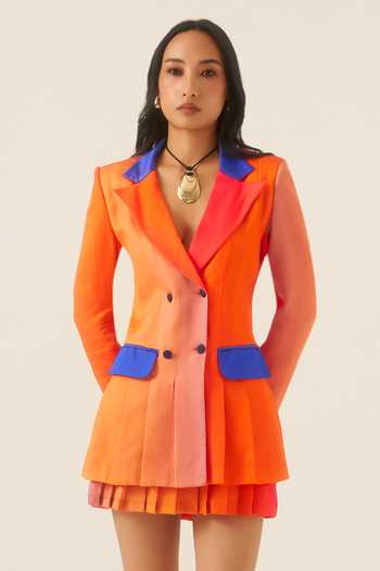 Shop_Ananya Agrawal Label_Orange Organza, Satin Plunge Neck Sunset Print Pleated Blazer And Skirt Set _Online_at_Aza_Fashions