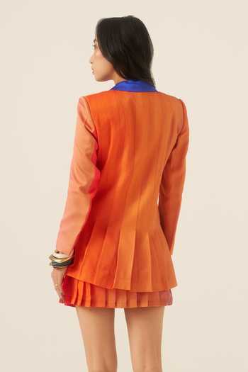 Ananya Agrawal Label_Orange Organza, Satin Plunge Neck Sunset Print Pleated Blazer And Skirt Set _Online_at_Aza_Fashions