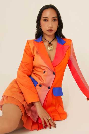 Ananya Agrawal Label_Orange Organza, Satin Plunge Neck Sunset Print Pleated Blazer And Skirt Set _at_Aza_Fashions