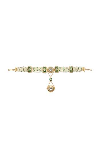 Shop_Joules by Radhika_Green Beads, Pearls, Stones, Ruvani Embellished Sheeshpatti _at_Aza_Fashions