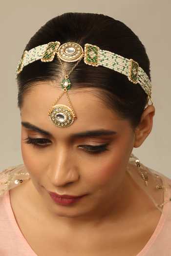 Buy_Joules by Radhika_Green Beads, Pearls, Stones, Ruvani Embellished Sheeshpatti _at_Aza_Fashions