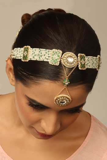 Joules by Radhika_Green Beads, Pearls, Stones, Ruvani Embellished Sheeshpatti _Online_at_Aza_Fashions