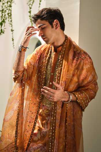 Mahima Mahajan_Yellow , Chanderi, Organza Fayez Floral Print Kurta Set With Dupatta _Online_at_Aza_Fashions