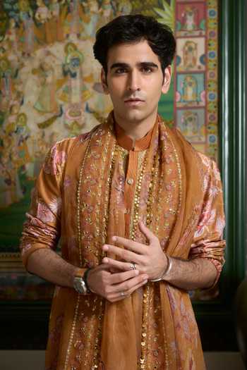 Buy_Mahima Mahajan_Yellow , Chanderi, Organza Fayez Floral Print Kurta Set With Dupatta _Online_at_Aza_Fashions