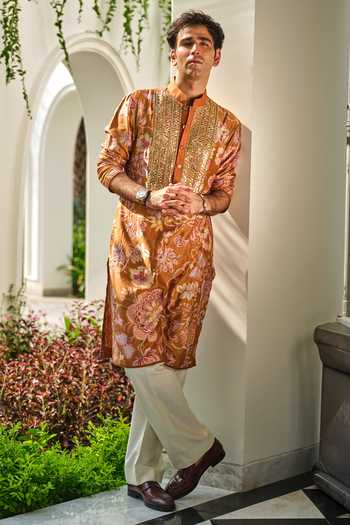 Shop_Mahima Mahajan_Yellow , Chanderi, Organza Fayez Floral Print Kurta Set With Dupatta _at_Aza_Fashions