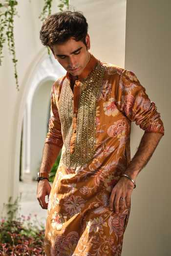 Shop_Mahima Mahajan_Yellow , Chanderi, Organza Fayez Floral Print Kurta Set With Dupatta _Online_at_Aza_Fashions