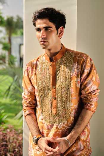 Mahima Mahajan_Yellow , Chanderi, Organza Fayez Floral Print Kurta Set With Dupatta _at_Aza_Fashions