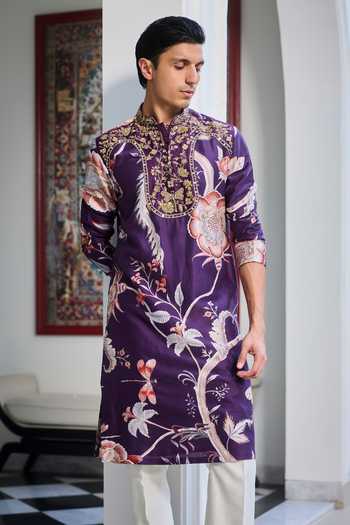 Buy_Mahima Mahajan_Purple Silk, Chanderi Zafir Embroidered Kurta And Pant Set _Online_at_Aza_Fashions