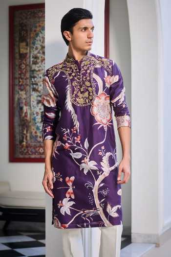 Shop_Mahima Mahajan_Purple Silk, Chanderi Zafir Embroidered Kurta And Pant Set _Online_at_Aza_Fashions