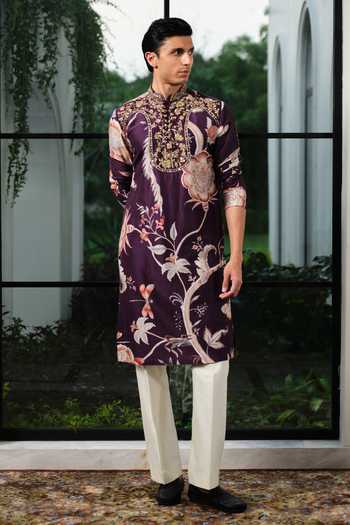 Buy_Mahima Mahajan_Purple Silk, Chanderi Zafir Embroidered Kurta And Pant Set 