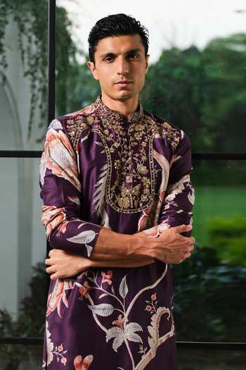 Shop_Mahima Mahajan_Purple Silk, Chanderi Zafir Embroidered Kurta And Pant Set 