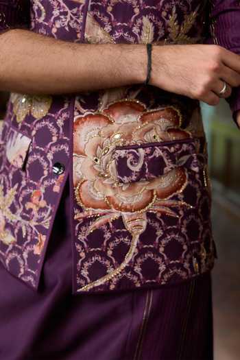Mahima Mahajan_Purple Silk, Chanderi Afaq Floral Print Bundi And Kurta Set _Online_at_Aza_Fashions