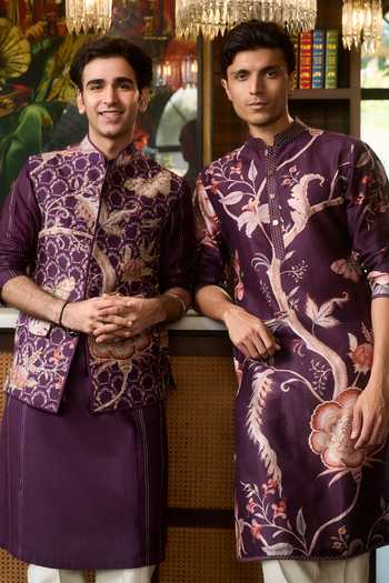 Buy_Mahima Mahajan_Purple Silk, Chanderi Afaq Floral Print Bundi And Kurta Set _Online_at_Aza_Fashions