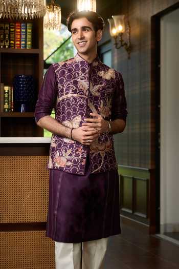 Shop_Mahima Mahajan_Purple Silk, Chanderi Afaq Floral Print Bundi And Kurta Set _at_Aza_Fashions