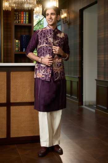 Buy_Mahima Mahajan_Purple Silk, Chanderi Afaq Floral Print Bundi And Kurta Set _at_Aza_Fashions