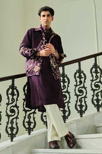 Shop_Mahima Mahajan_Purple Silk, Chanderi Tamim Bomber Jacket With Kurta Set _at_Aza_Fashions