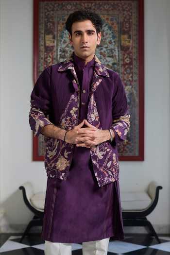 Mahima Mahajan_Purple Silk, Chanderi Tamim Bomber Jacket With Kurta Set _Online_at_Aza_Fashions