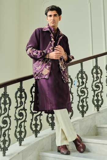 Buy_Mahima Mahajan_Purple Silk, Chanderi Tamim Bomber Jacket With Kurta Set _Online_at_Aza_Fashions