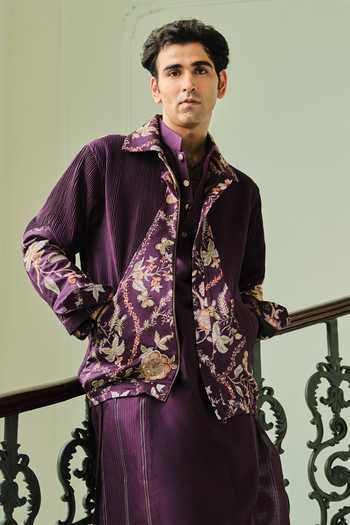 Shop_Mahima Mahajan_Purple Silk, Chanderi Tamim Bomber Jacket With Kurta Set _Online_at_Aza_Fashions