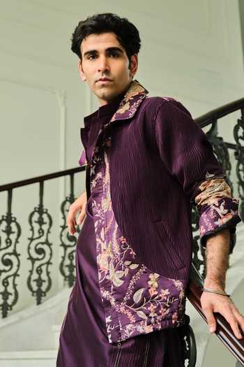 Mahima Mahajan_Purple Silk, Chanderi Tamim Bomber Jacket With Kurta Set _at_Aza_Fashions