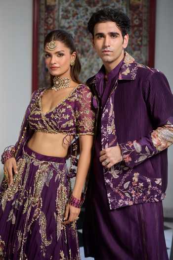 Buy_Mahima Mahajan_Purple Silk, Chanderi Tamim Bomber Jacket With Kurta Set 