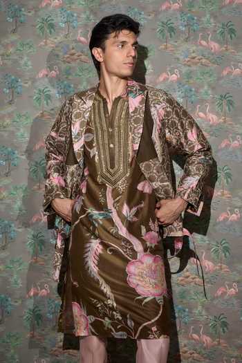 Buy_Mahima Mahajan_Green Silk, Chanderi Sarmad Embroidered Jacket With Kurta Set _Online_at_Aza_Fashions