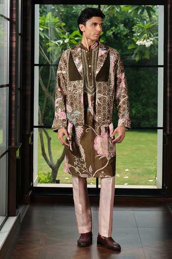 Shop_Mahima Mahajan_Green Silk, Chanderi Sarmad Embroidered Jacket With Kurta Set _Online_at_Aza_Fashions