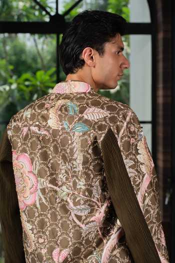 Shop_Mahima Mahajan_Green Silk, Chanderi Sarmad Embroidered Jacket With Kurta Set _at_Aza_Fashions
