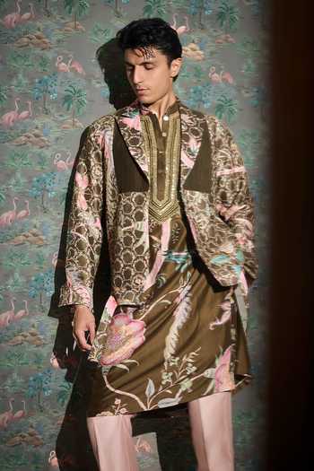 Mahima Mahajan_Green Silk, Chanderi Sarmad Embroidered Jacket With Kurta Set _at_Aza_Fashions