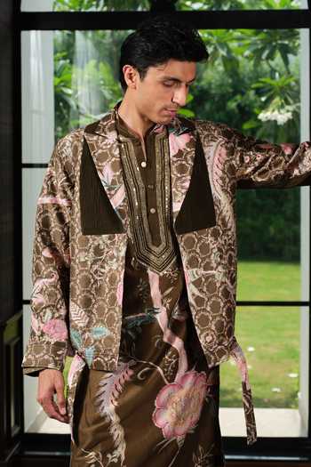 Buy_Mahima Mahajan_Green Silk, Chanderi Sarmad Embroidered Jacket With Kurta Set 