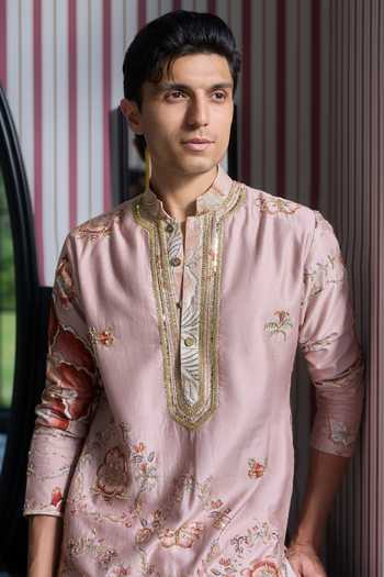 Shop_Mahima Mahajan_Pink Silk, Chanderi Asrar Embroidered Kurta With Pant _Online_at_Aza_Fashions