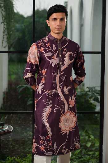 Mahima Mahajan_Purple Silk, Chanderi Azam Floral Motif Kurta Set _Online_at_Aza_Fashions