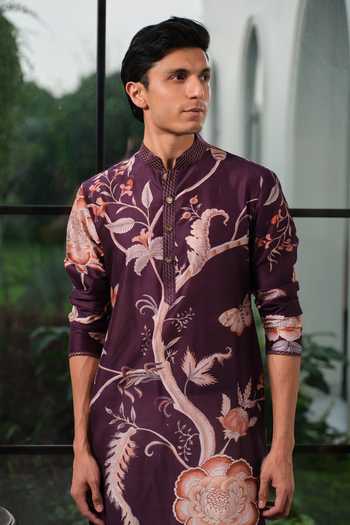 Buy_Mahima Mahajan_Purple Silk, Chanderi Azam Floral Motif Kurta Set _Online_at_Aza_Fashions