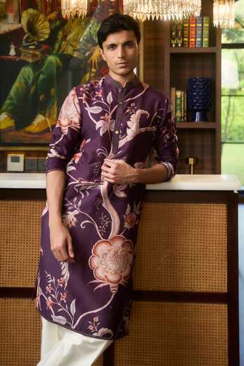 Mahima Mahajan_Purple Silk, Chanderi Azam Floral Motif Kurta Set _at_Aza_Fashions