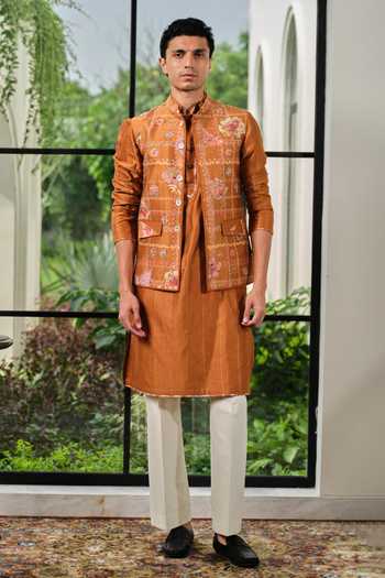 Buy_Mahima Mahajan_Yellow Silk, Chanderi Embroidery Mizan Bundi And Kurta Set _Online_at_Aza_Fashions