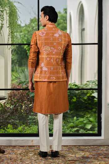 Shop_Mahima Mahajan_Yellow Silk, Chanderi Embroidery Mizan Bundi And Kurta Set _at_Aza_Fashions