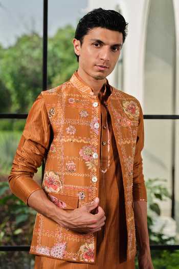 Shop_Mahima Mahajan_Yellow Silk, Chanderi Embroidery Mizan Bundi And Kurta Set _Online_at_Aza_Fashions