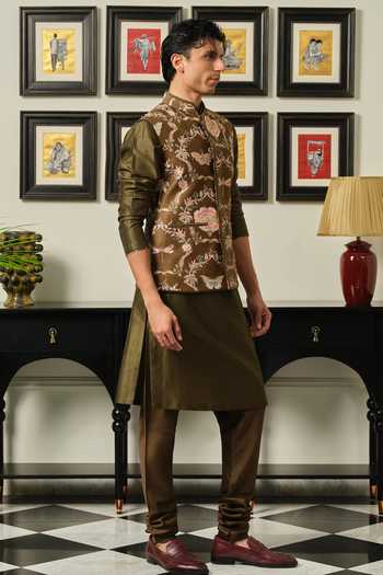 Mahima Mahajan_Olive Green Silk, Chanderi Embroidery Sahar Floral Bundi And Kurta Set _Online_at_Aza_Fashions