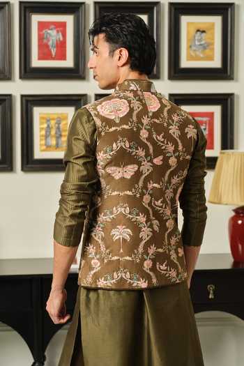 Shop_Mahima Mahajan_Olive Green Silk, Chanderi Embroidery Sahar Floral Bundi And Kurta Set _at_Aza_Fashions