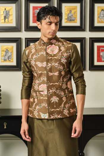 Buy_Mahima Mahajan_Olive Green Silk, Chanderi Embroidery Sahar Floral Bundi And Kurta Set _Online_at_Aza_Fashions