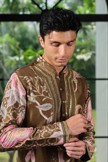 Mahima Mahajan_Green Silk, Chanderi Saham Printed And Embroidered Kurta Set _Online_at_Aza_Fashions