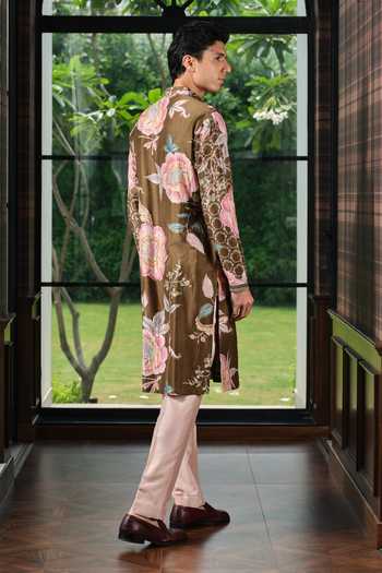 Shop_Mahima Mahajan_Green Silk, Chanderi Saham Printed And Embroidered Kurta Set _at_Aza_Fashions